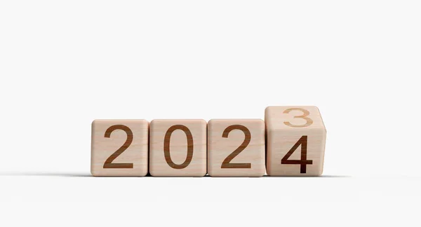 2023 2024 Mudança Número Cubo Texto Bloco Madeira Feliz Ano — Fotografia de Stock