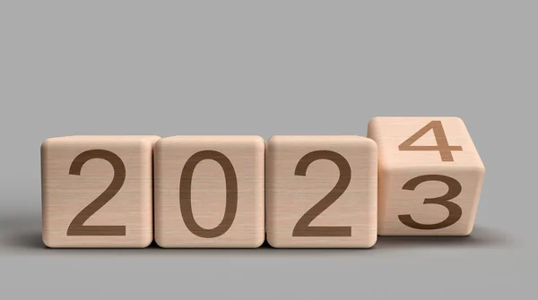 木製オークキューブボックススクエア2023 2024時間変更カレンダーイベントビジネス戦略未来ビジョン人材組織カウントダウンパフォーマンス目標財務税経済マーケティング開始 — ストック写真