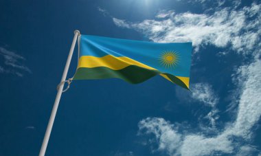 Ruanda bayrağı mavi gökyüzü arka plan duvar kağıdı işareti ülke bayrağı sallıyor 1 Temmuz bağımsızlık günü dünya diplomasisi ekonomisi ordusu Ruanda 'yı kutluyor