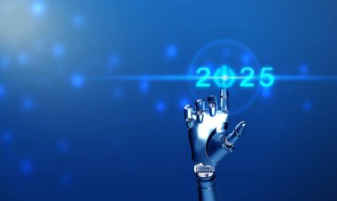 2025 sayı zaman takvimi butom mavi element arkaplan fotokopi alanı mutlu yeni yıl robotik vücut parçası dokunmatik ekran mutlu yeni yıl 2025 strateji iş alanı kopyalama işareti