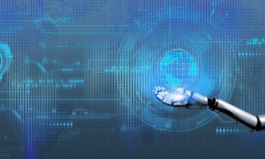 El gövdesi parçası robotik dünya dünyası uzay mavi elementi ai yapay zeka makinesi cyborg bağlantı ağı fütürist iş yeniliği bilim geliştirme gezegen otomasyon kolu