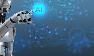 Robot el parmağı dokunmatik ekran ai yapay zeka uzay mavi element teknolojisi fütürist cyborg bilgisayar yeniliği modern makine gelecek ai bilim sektörü otomatik öğrenme