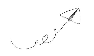 Uçak uçağı uçak kanat kâğıdı uçar. Aşk kalbi simgesi. Siyah renkli uçuş seyahati.