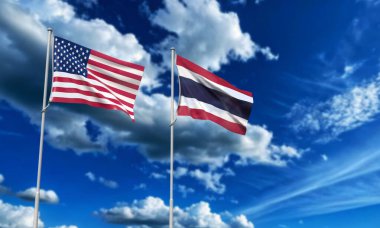 Tayland Birleşik Devletleri Amerika Birleşik Devletleri bayrağı dalgalanıyor gökyüzü mavi bulutlu duvar kağıdı arka plan siam marka vergisi% 36 Rekoryal Ticaret Tarifeleri pirinç satışı para hamburger banknotları gıda teknolojisi