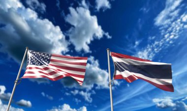 Birleşik Devletler Amerika Birleşik Devletleri Tayland bayrağı dalgalanan mavi gökyüzü bulutlu beyaz Karşıt Ticaret Tarifleri Donald Trump siyam vergi ithalat ihracat mali yatırım bankacılık zenginlik para birimi