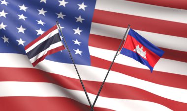 Amerika Birleşik Devletleri. Amerika Birleşik Devletleri. Amerika Birleşik Devletleri Donald Trump Tayland ve Siam Tayland - Kamboçya Khmer ülkesi bayrağına karşı.