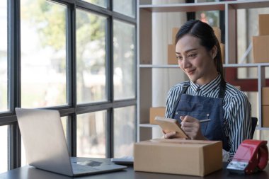 Küçük işletme sahibi kadın girişimci okuma ve sipariş numaraları yazma KOBİ başlatılıyor. Online siparişler alınıyor ve gözden geçiriliyor. Kutuları paketlemek, müşterilere satmak, iş fikirlerini çevrimiçi yapmak için.