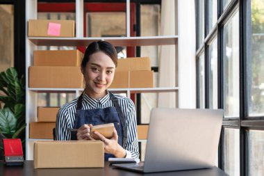 Küçük işletme sahibi kadın girişimci okuma ve sipariş numaraları yazma KOBİ başlatılıyor. Online siparişler alınıyor ve gözden geçiriliyor. Kutuları paketlemek, müşterilere satmak, iş fikirlerini çevrimiçi yapmak için.