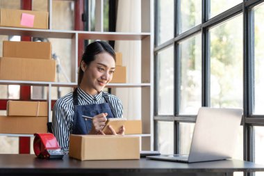 Küçük işletme sahibi kadın girişimci okuma ve sipariş numaraları yazma KOBİ başlatılıyor. Online siparişler alınıyor ve gözden geçiriliyor. Kutuları paketlemek, müşterilere satmak, iş fikirlerini çevrimiçi yapmak için.