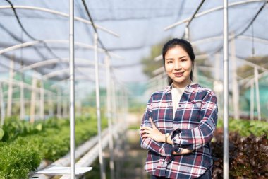 Asian woman growing lettuce vegetable in hydroponic greenhouse small business agriculture farm. Male gardening owner proudly produce organic plantation healthy salad, vegetarian food in urban garden..