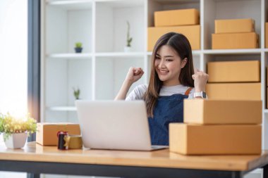 Genç bir Asyalı kadının portresi, arka planda paketlerle dolu bir ofiste oturan bir e-ticaret çalışanı KOBİ iş ekomünyesi ve teslimat işi için bir not ve hesap makinesi.