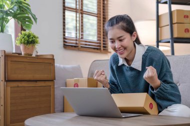 Portre genç çekici Asyalı kadın sahibi şirket kurma işi evde kutuyla mutlu bir şekilde paketleri tedarik zincirinde hazırlayın, küçük işletme konsepti başlatın...