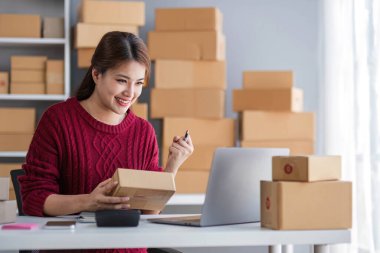 Çevrimiçi pazarlama paketi ögelerinin neşeli başarısı ile bilgisayar laptopu kullanarak gülümseyen bağımsız Asyalı kadının küçük işletme girişimciliğini başlatan