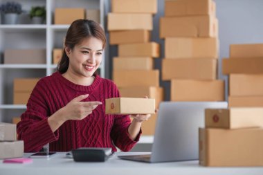 Çevrimiçi pazarlama paketi ögelerinin neşeli başarısı ile bilgisayar laptopu kullanarak gülümseyen bağımsız Asyalı kadının küçük işletme girişimciliğini başlatan