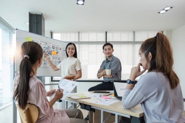 Asyalı ofis ekibinin beyin fırtınası, çözüm planı, Asyalı yaratıcı ekip çalışması ve cep telefonu uygulamasını geliştirmek için iş toplantısında kadın lider, ux, ui start, küçük işletme.