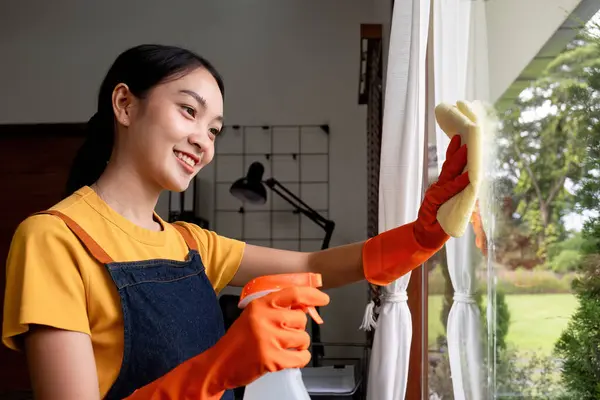 Temizlik Spreyi Bez Kullanarak Camları Silen Bir Kadınının Evini Temizliyorum — Stok fotoğraf