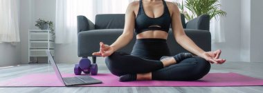 Dizüstü bilgisayarın önünde egzersiz yapan genç bir kadın spor barı kıyafeti giyer. Yoga yap ve egzersiz paspasına halterleri kaldır...