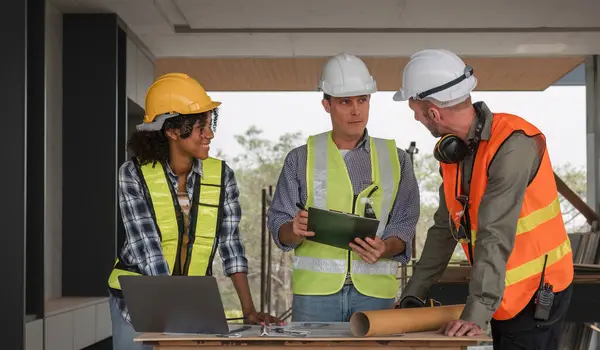 Diverse Team Specialists Use Laptop Construction Site Real Estate Building — Stock Photo, Image