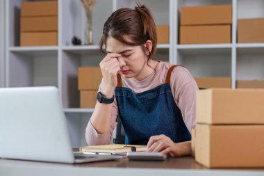 Asyalı kadın evde bilgisayar satarak ciddi bir iş düşünüyor. İnternette küçük işletme sahibi, e-ticaret fikirleri kavramı...