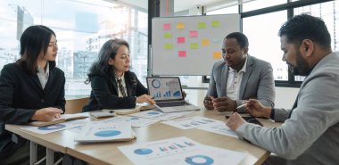 Business People Meeting using laptop computer,calculator,notebook,stock market chart paper for analysis Plans to improve quality next month. Conference Discussion Corporate Concept...
