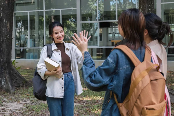 A group of cheerful Asian college students greet each other as they head to tutoring. Students greet friends on campus.