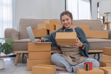 Küçük işletme girişimcisi KME, kutuda kumaş paketleyen Asyalı kadın. Portre genç Asyalı küçük işletme sahibi ev sahibi, çevrimiçi satış pazarlama teslimatı, KME e-ticaret tele pazarlama kavramı.