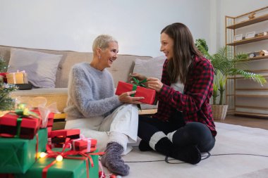 Sevimli genç bir kadın Noel günü annesine sürpriz yapmak için bir hediye kutusu tutuyor. 60 yaşında emekli bir kadın mutlu bir kız çocuğu Noel günü oturma odasında elinde kırmızı bir hediye kutusu tutuyor..