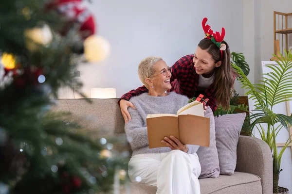 Cute Young Woman Holds Gift Box Surprise His Mother Christmas Stock Image