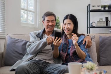 60 'lı yaşlardaki yaşlı çift tatilde birbirlerini selamlıyor. Oturma odasındaki kanepede iyi eğlenceler...