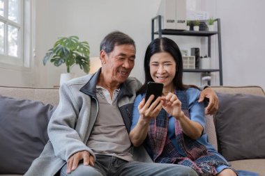 60 'lı yaşlardaki yaşlı çift tatilde birbirlerini selamlıyor. Oturma odasındaki kanepede iyi eğlenceler...