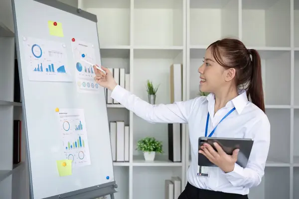 Businesswoman with presentation board at a meeting about work plans Finance and business results graphs.