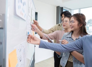 Uygulama tasarımı ve uygulama planlama alanındaki yaratıcı ekibin beyin fırtınası oturumu modern iş ekiplerinin ux ui takım çalışması.