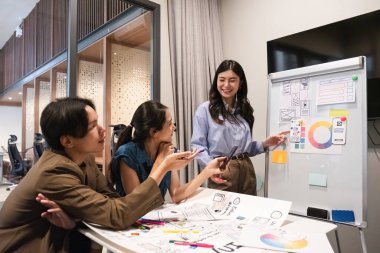 Bir geliştirici ekibin beyin fırtınası, grup problem çözme planları fikirler, mobil uygulamalar geliştirmek için yaratıcı takım çalışması, ux, Ui..