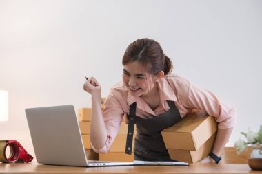 Kuruluş KOBİ küçük işletme girişimcisi Serbest çalışan Asyalı kadın KOBİ Kutu başarısı olan bir dizüstü bilgisayar kullanıyor Asyalı kadın elini online pazarlama kutusunu kaldırıyor.