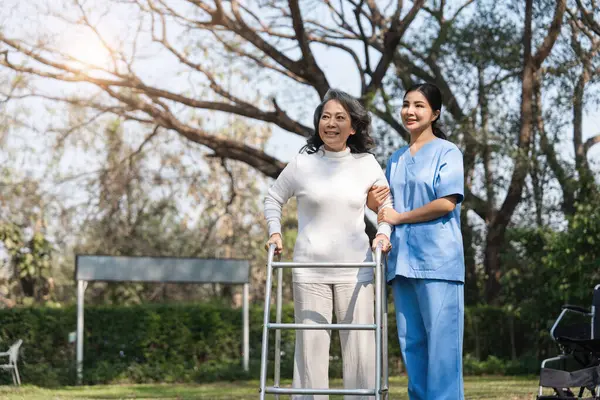 Stock image Elderly woman using a walker with the help of a caregiver in a park, focusing on rehabilitation and support.