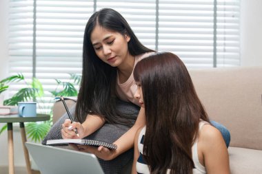 Çalışan ve online sınavlara birlikte giren iki genç kadın rahat, modern bir ev ortamında işbirliği ve öğrenmeyi teşvik ediyorlar..