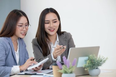 Modern ofis ortamında dizüstü bilgisayar ve belgelerle finansal raporları tartışan iki kadın muhasebeci..