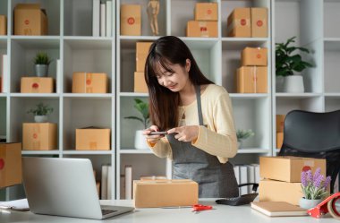 Modern bir ev ofisindeki genç bir kadın çevrimiçi ürün siparişlerini kontrol ediyor, paketlerle çevrili ve akıllı telefon ve dizüstü bilgisayar kullanıyor..