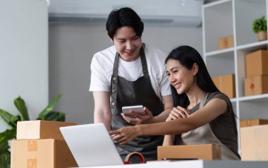 Bilgisayarlar ve paketleme kutuları, sergilenen takım çalışması ve girişimcilik ile çevrili bir çift, ev ofisinden online işleri üzerinde işbirliği yapıyor..