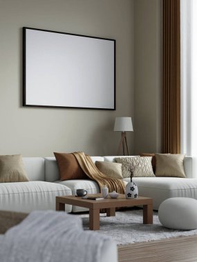 Özel sanat eserleri, modern mobilyalar ve nötr tonlar için boş bir çerçeve içeren çağdaş bir oturma odası..