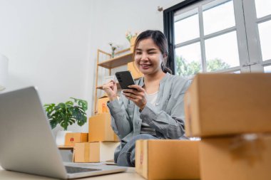 Genç bir kadın, internet üzerinden satmak için kutu kutu mal paketliyor. Modern ev ofisinden bir dizüstü bilgisayar ve akıllı telefonla çalışıyor..