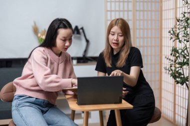 İki genç bayan arkadaş çevrimiçi çalışıyor ve ev ödevlerini birlikte yapıyorlar, rahat ve modern bir ev ortamında dizüstü bilgisayar kullanıyorlar..