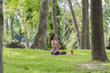 Genç bir kadın, yemyeşil ve uzun ağaçlarla çevrili, huzur ve farkındalığı somutlaştıran huzurlu bir parkta yoga egzersizi yapıyor..