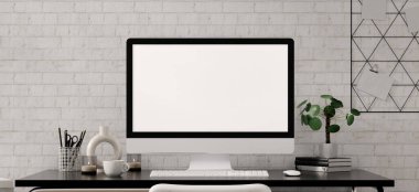 Modern dijital tasarım elementlerinin yer aldığı, çağdaş ev ofislerindeki eğilimlerle uyumlu, minimalist endüstriyel çalışma alanının 3 boyutlu bir canlandırması.