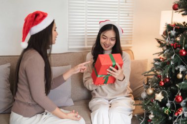 Genç bir çift Noel ağacının yanında sürpriz bir hediye kutusunu değiş tokuş ediyor. Evde bayram bayramını kutluyorlar..