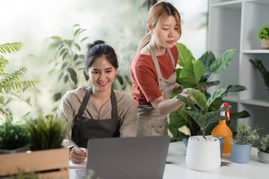 İki kadın ev bitkileriyle ilgileniyor, canlı yeşillik ve doğal ışıkla dolu sakin bir bahçe alanı yaratıyorlar..