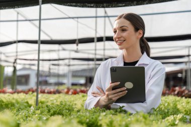 Researchers in a greenhouse studying plant growth and development for sustainable agriculture advancements. clipart