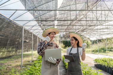 Neşeli bir çift, çağdaş bir seranın içinde yemyeşil bahçelerini güvenle yönetiyor, takım çalışması yapıyor ve sürdürülebilir bir yaşam sürüyor..
