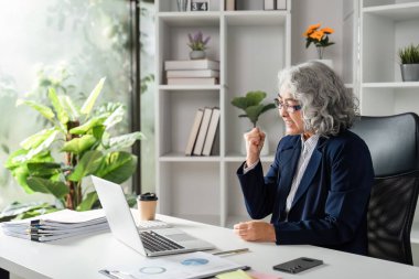 Neşeli yaşlı bir iş kadını, yeşil ve modern dekorlarla çevrili, iyi organize edilmiş masasında otururken bir amaca ulaşmak için heyecanını dile getiriyor..