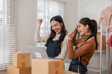 İki kendinden geçmiş kadın, online satıcı, modaya uygun giyim mağazalarında dizüstü bilgisayarlarında başarılı siparişlerini kontrol ederken sevinçle yumruklarını sallıyorlar..